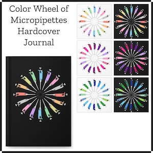以下が含まれることがあります： Color Wheel of Micropipettes Hardcover Journalというテキストと、カラーホイールのように配置された多色のマイクロピペットの円形パターンが描かれた黒いハードカバーのジャーナルで、画像には他のバリエーションも示されています。