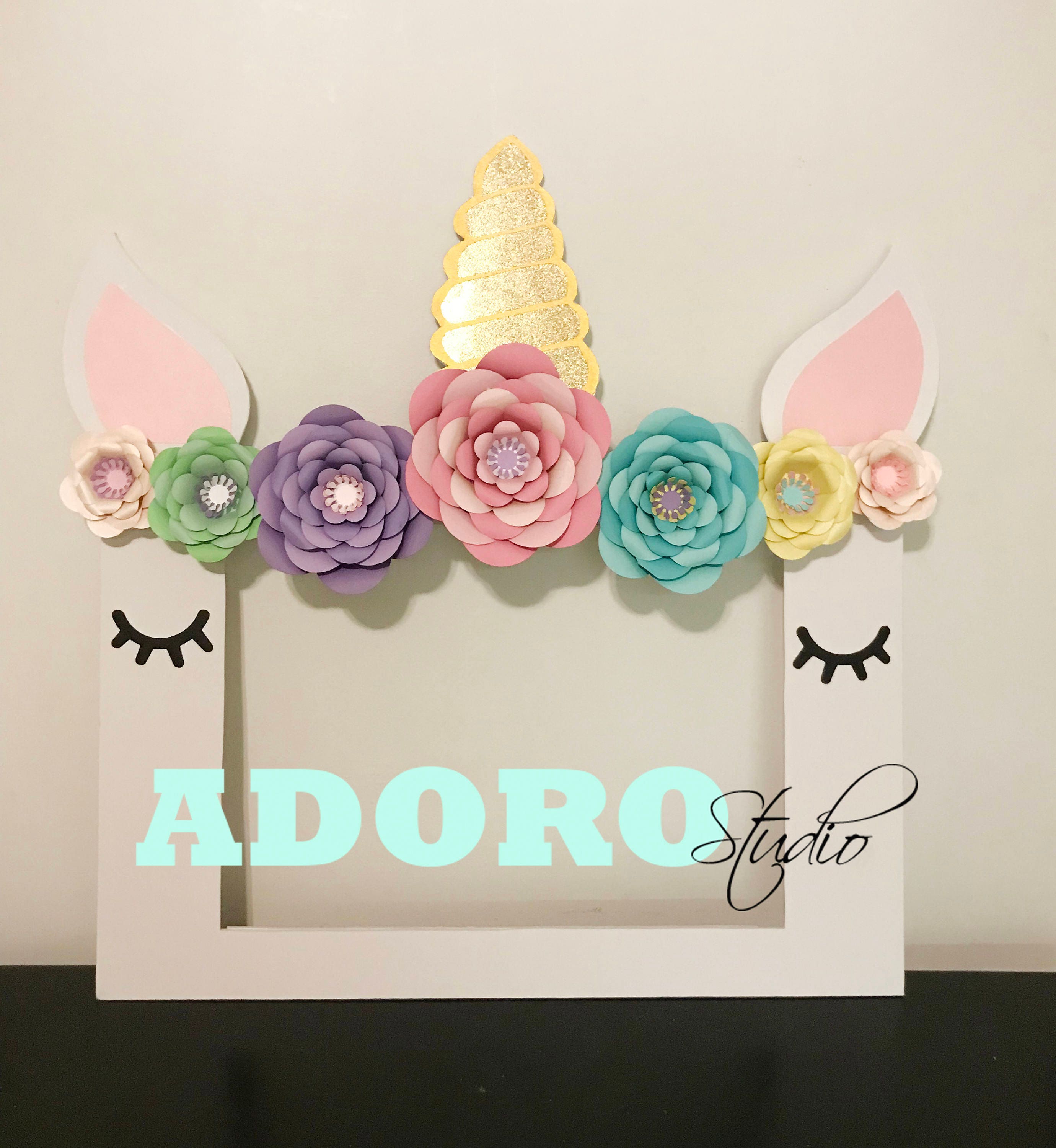 Unicorn Photo Booth Frame: Handmade Paper Flowers, Glitter Horn - Etsy