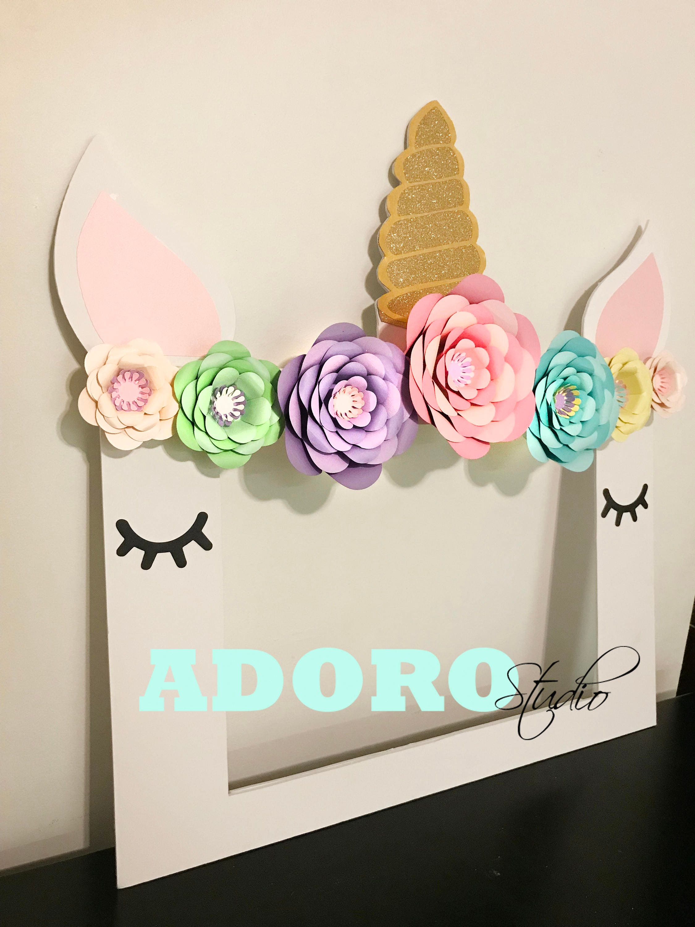 Unicorn Photo Booth Frame: Handmade Paper Flowers, Glitter Horn - Etsy