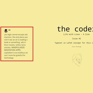 Puede incluir: Una ilustración en blanco y negro de una persona con gafas. El texto "the codex" está en negro y el texto "Life with Linux - A Zine" está en negro. El texto "Issue #2" está en negro. El texto "Typeset in LaTeX (except for this cover)" está en negro. El texto "First Prinsing" está en negro.