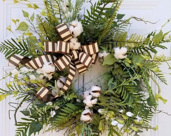 Farmhouse Style Wreath with Cotton for Front Door
