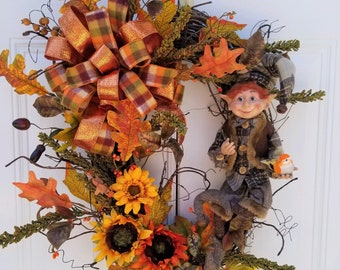 Fall Grapevine Wreath with Elf for Front Door