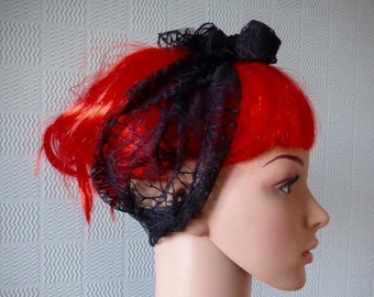 Black lace hair scarf, gothic head band, spiders and webs tie up, Goth steampunk