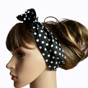 White spotted head scarf stretch hair wrap polka dot jersey self tie/pin up White spotted head scarf stretch hair wrap polka dot jersey self tie/pin up