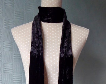 Black velvet long skinny scarf thin black mod scarf velvet  unisex sixties tie