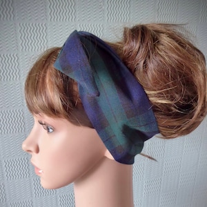 Black Watch Tartan hair scarf, green plaid head scarf, blue checked bandana
