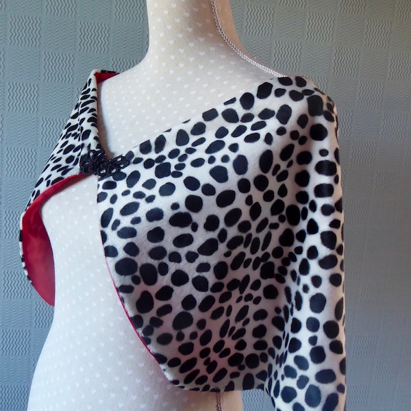 Dalmatian print cape, black and white spotted wrap, Evil Queen style costume cloak