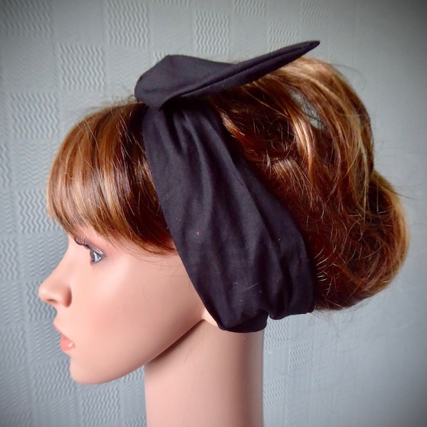 Black cotton stretch hair scarf, forties headband, retro vintage head scarf, 40’s rockabilly self tie pin up