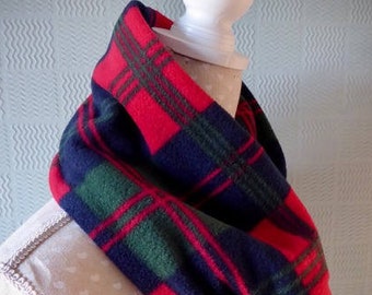 Red green tartan snood, fleece neck warmer,  unisex cowl, checked single loop scarf
