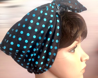 Black polka dot hair scarf, Rosie the Riveter style headscarf, retro turban wrap, cotton forties pin up