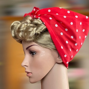 Retro Vintage style Rosie the Riveter hair scarf red polka dot headscarf