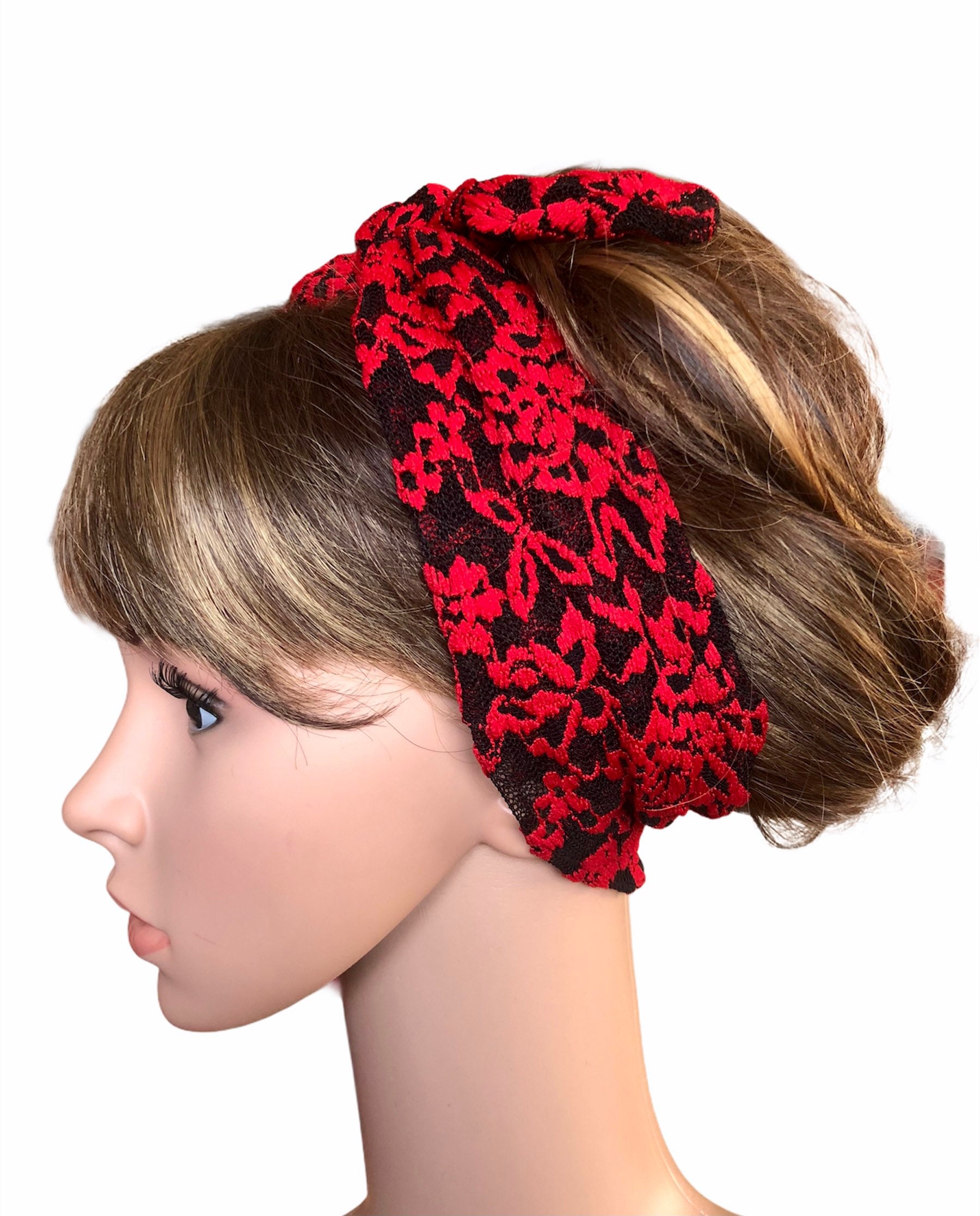 Bufanda de pelo de encaje rojo y negro, pasador de amarre elástico, diadema  gótica -  España