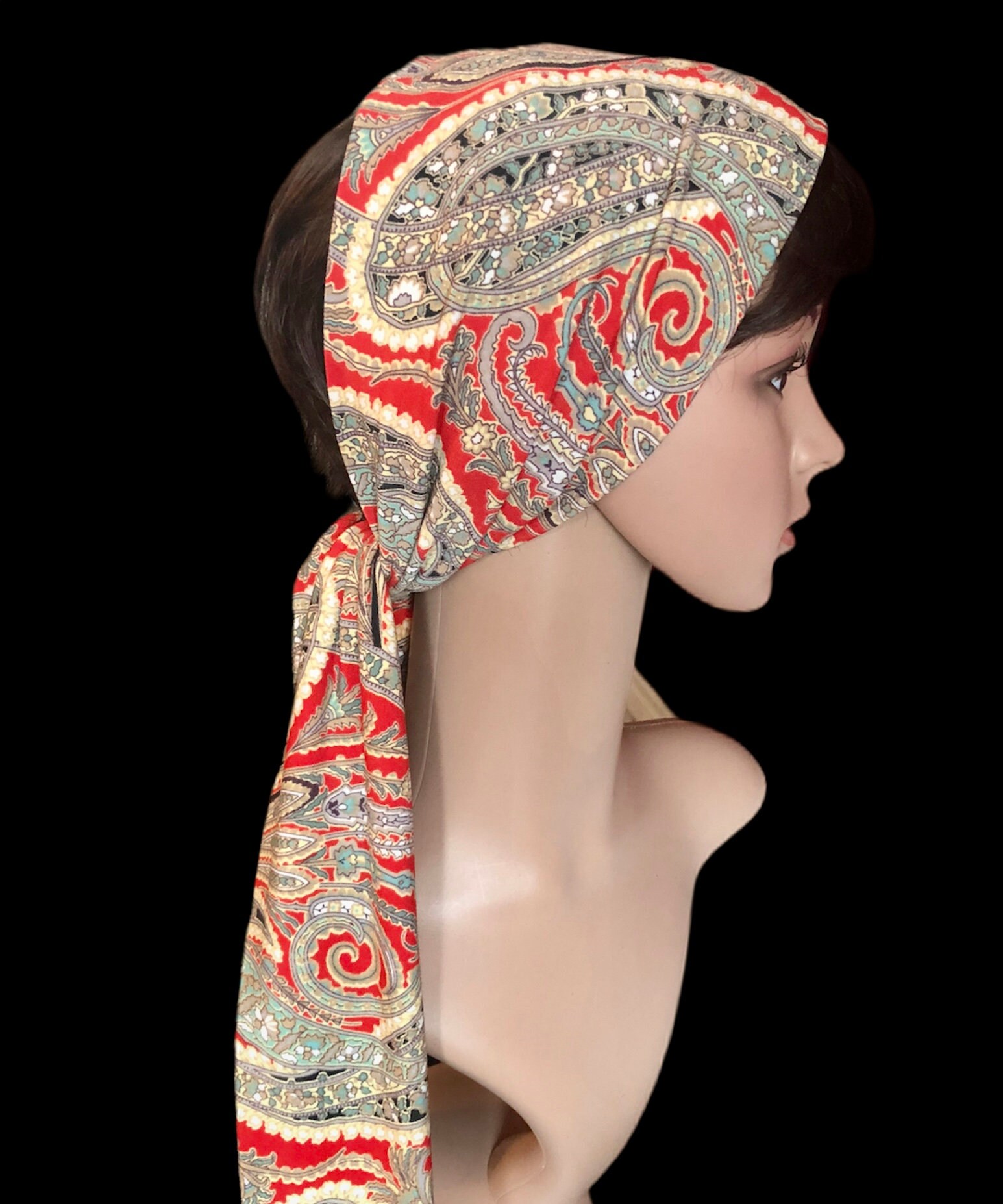 Paisley Hair Scarf Red Stretch Head Scarf Turban Hair Wrap Etsy UK