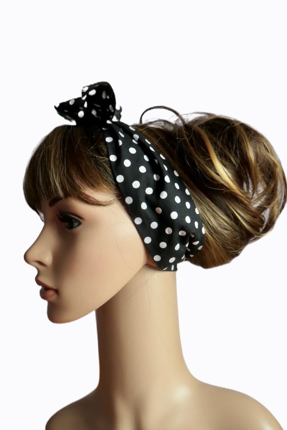 White spotted head scarf stretch hair wrap polka dot jersey self tie/pin up White spotted head scarf stretch hair wrap polka dot jersey self tie/pin up