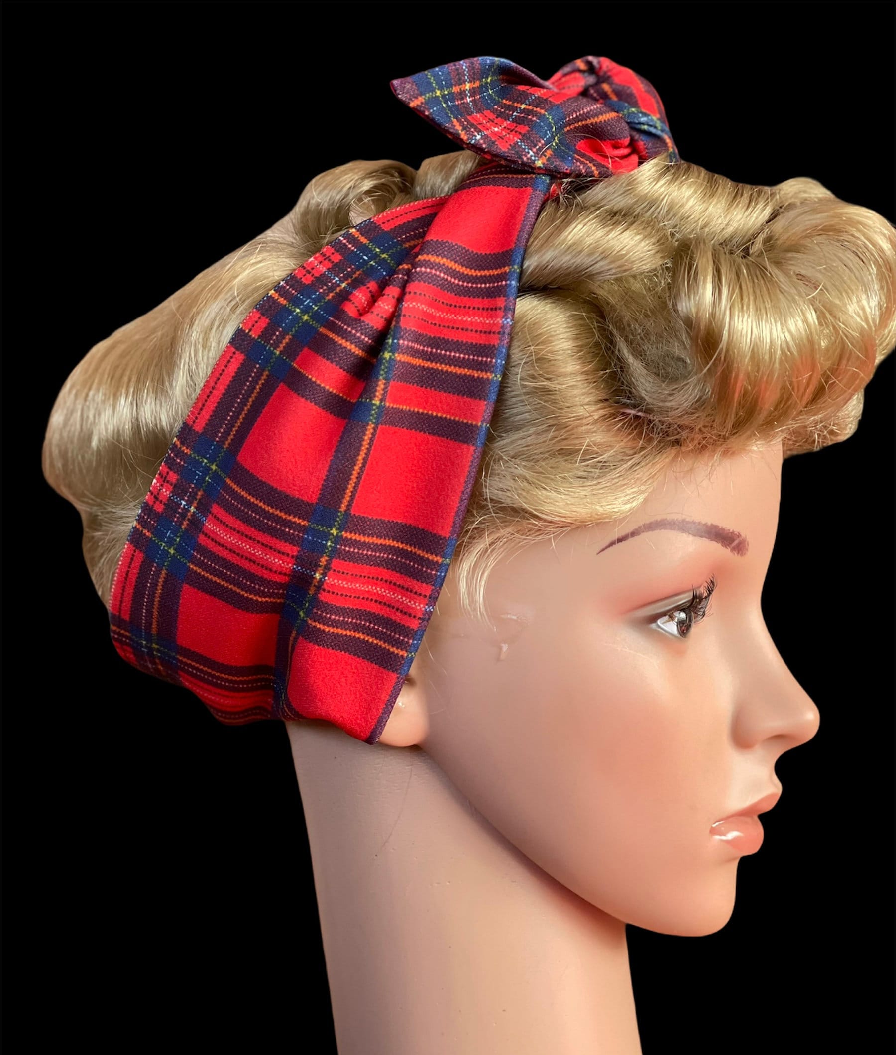 Red Tartan Hair Scarf, Stretch Plaid Headband, Retro Forties Self