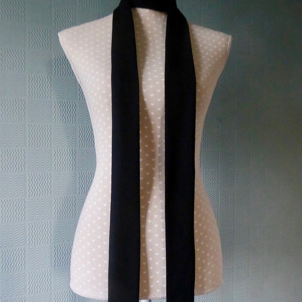 Long black skinny scarf, thin unisex mod tie, sixties narrow scarf