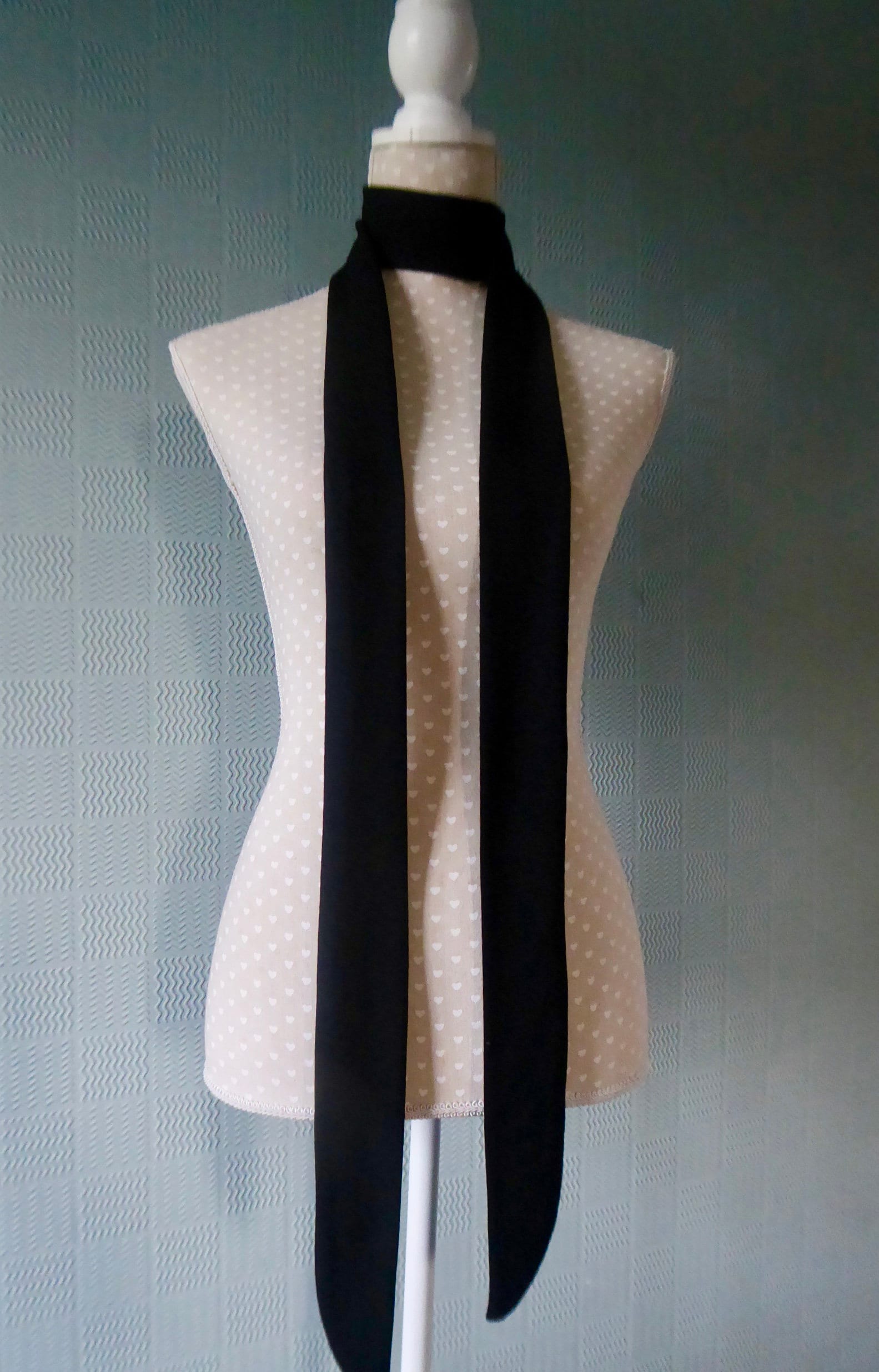 Long black skinny scarf, thin unisex mod tie, sixties narrow scarf