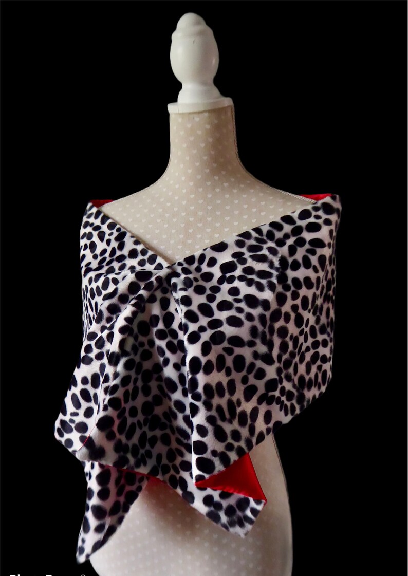 Black and white Dalmatian print stole, animal print shawl/scarf, red satin lining, fancy dress costume image 4