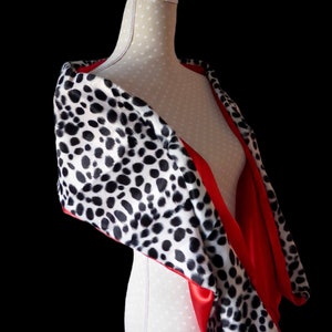 Black and white Dalmatian print stole, animal print shawl/scarf, red satin lining, fancy dress costume image 2
