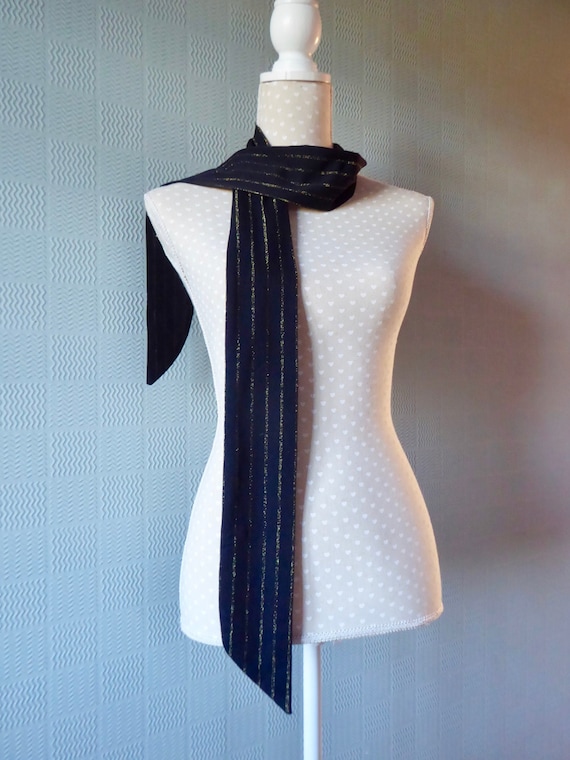 Sixties mod scarf long thin tie black scarf with gold stripes retro thin scarf