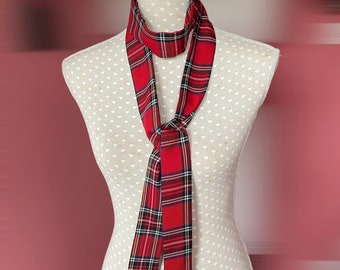 Red tartan skinny scarf Royal Stewart plaid bow long thin sixties mod tie