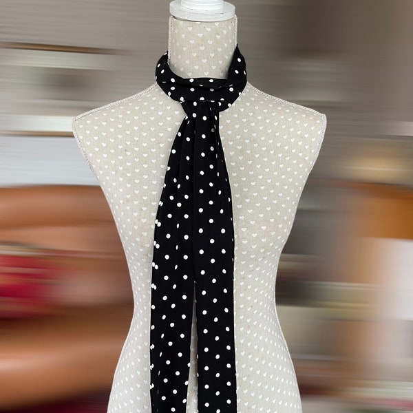 Black polka dot skinny scarf black and white thin spotted scarf polka dots retro sixties mod unisex tie