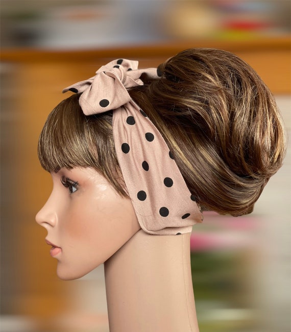 White spotted head scarf stretch hair wrap polka dot jersey self tie/pin up White spotted head scarf stretch hair wrap polka dot jersey self tie/pin up