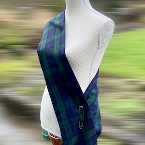 Black Watch tartan sash, green blue plaid scarf, bronze pin