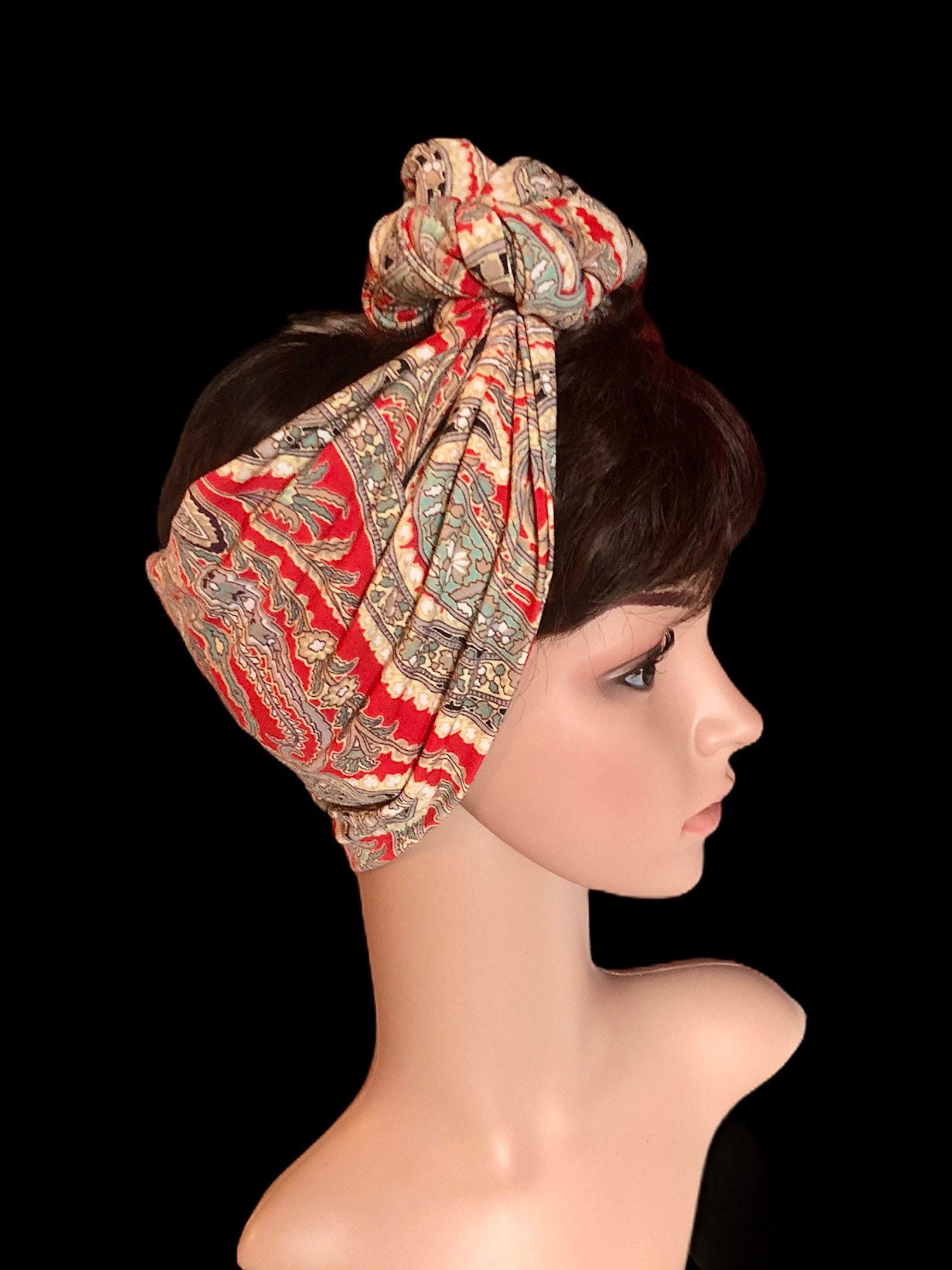 Paisley Hair Scarf Red Stretch Head Scarf Turban Hair Wrap Etsy UK