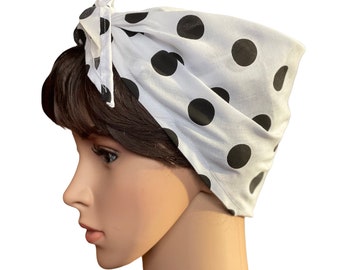 White polka dot hair scarf, Rosie the Riveter style headband, retro hair wrap, cotton forties pin up