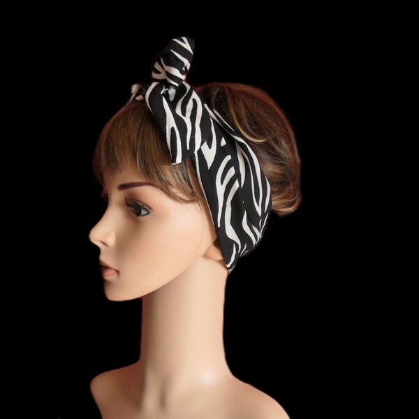 Black and white hair scarf, retro 1940’s/50's headscarf, animal print self tie pin up