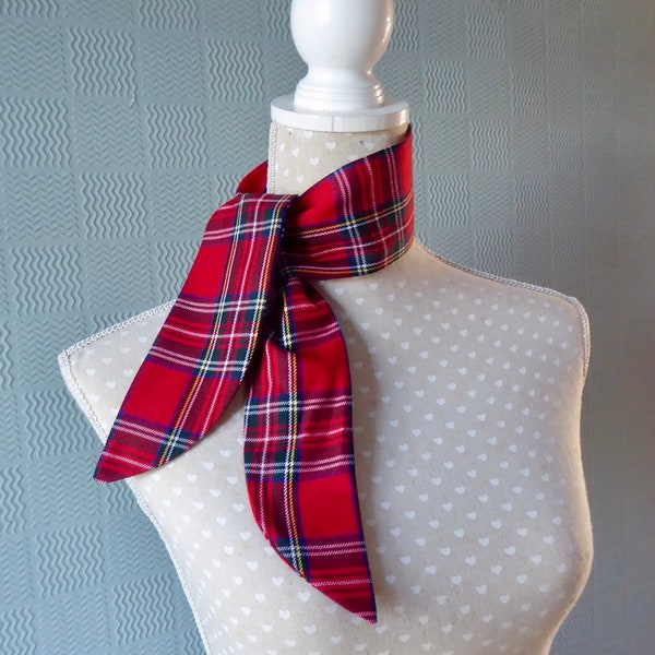 Red tartan scarf retro vintage, 1940's style plaid self tie, Royal Stewart Tartan, unisex forties neckerchief