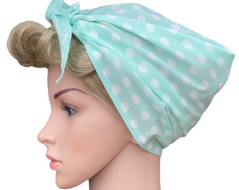 Green polka dot hair scarf,  Rosie the Riveter style headband, retro hair turban wrap,  cotton forties pin up