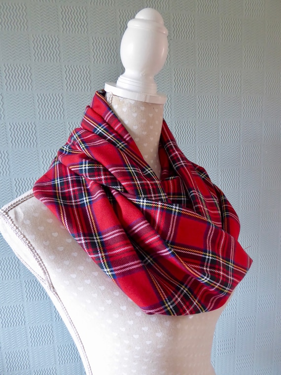 Red tartan snood plaid cowl Royal Stewart Tartan loop scarf fleece accessories