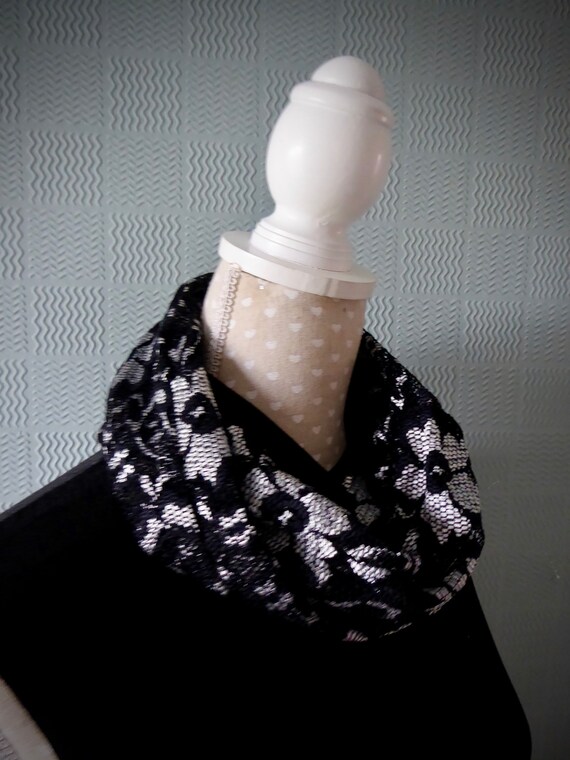 black chiffon cowl chiffon loop scarf Black flowered snood