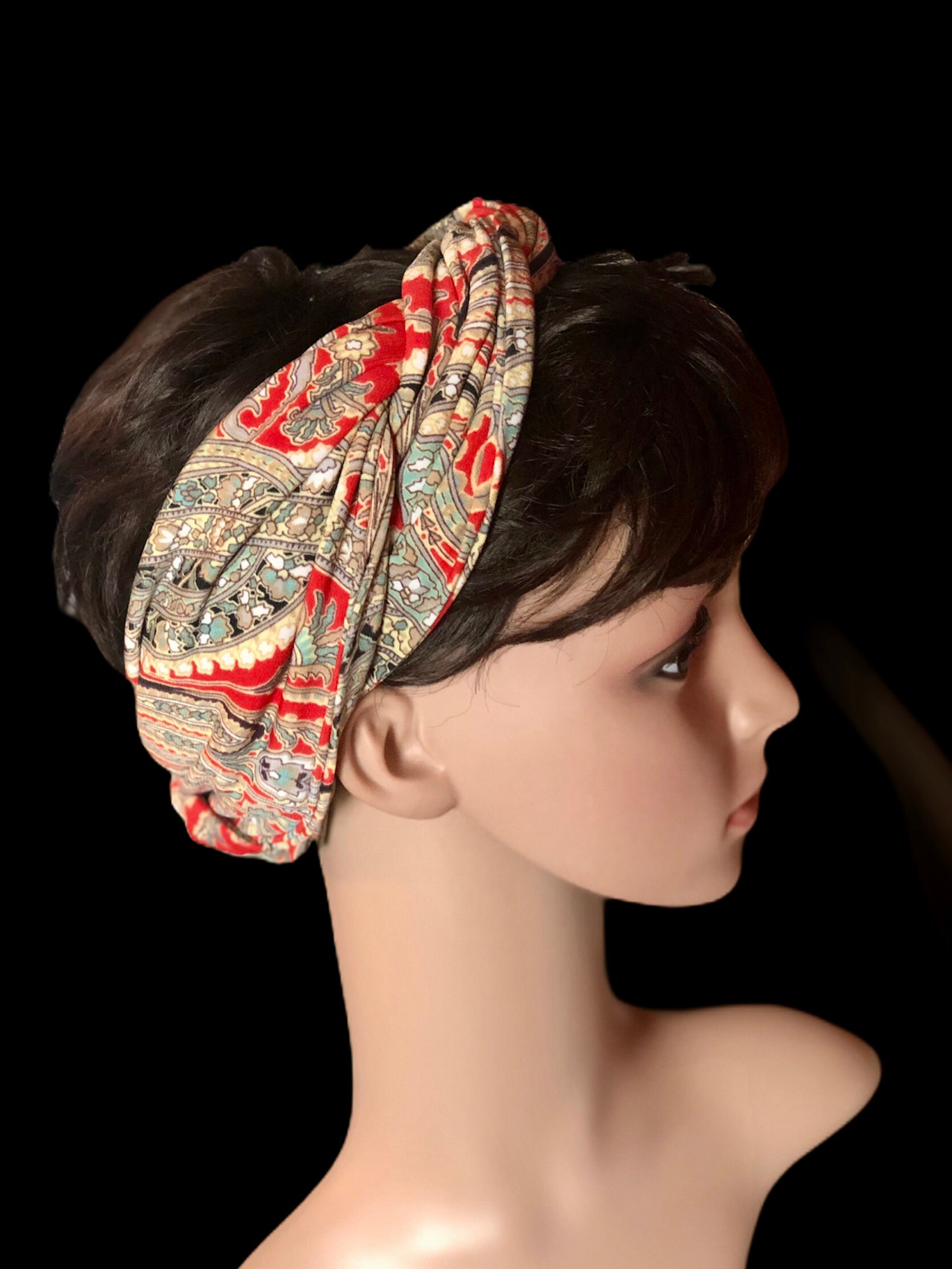 Paisley Hair Scarf Red Stretch Head Scarf Turban Hair Wrap Etsy UK