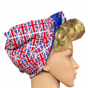 Union Jack Rosie the Riveter hair scarf, self tie turban headscarf, land girl forties pin up,