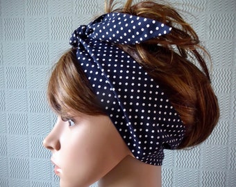White spotted head scarf stretch hair wrap polka dot jersey self tie/pin up White spotted head scarf stretch hair wrap polka dot jersey self tie/pin up