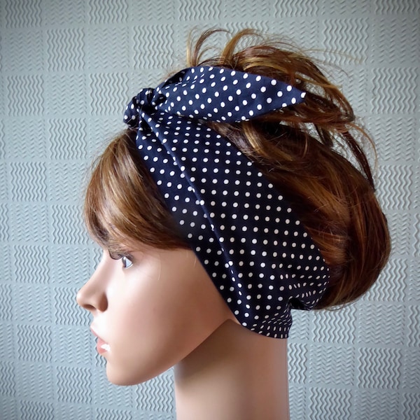 Foulard pour cheveux à pois bleu marine, bandeau vintage rétro, foulard à pois des années 40, pin-up à nouer