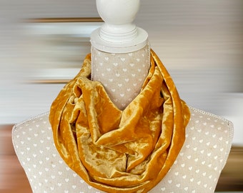 Gold velvet snood, marbled cowl, single loop scarf, neck warmer, unisex gift