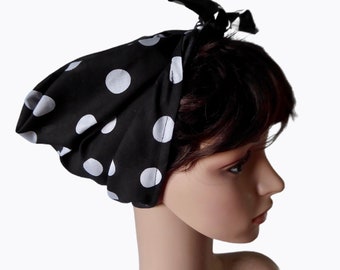 Black polka dot hair scarf, Rosie the Riveter turban wrap, retro head scarf, cotton forties land girl pin up