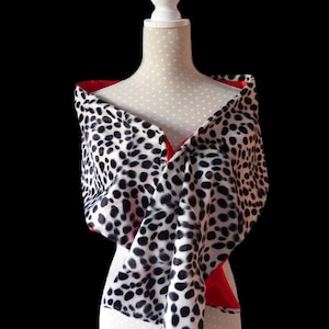 Black and white Dalmatian print stole, animal print shawl/scarf, red satin lining, fancy dress costume 59