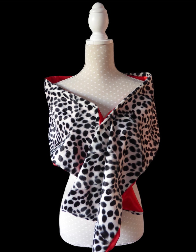 Black and white Dalmatian print stole, animal print shawl/scarf, red satin lining, fancy dress costume 59