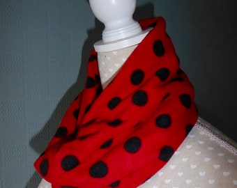 Red polka dot snood, spotted cowl, fleece loop scarf, unisex neck warmer