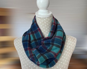 Blue/green tartan snood, green plaid, fleece loop scarf, Unisex scarf