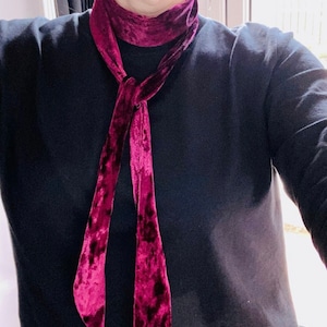 Maroon velvet skinny scarf, sixties long thin mod tie, unisex gift