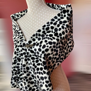 Dalmatian print stole, evil queen costume, black and white wrap, animal print shawl with front pin fastener