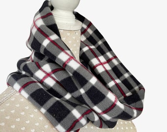 Black white and red tartan snood, checked plaid cowl, polar fleece face covering, unisex gift