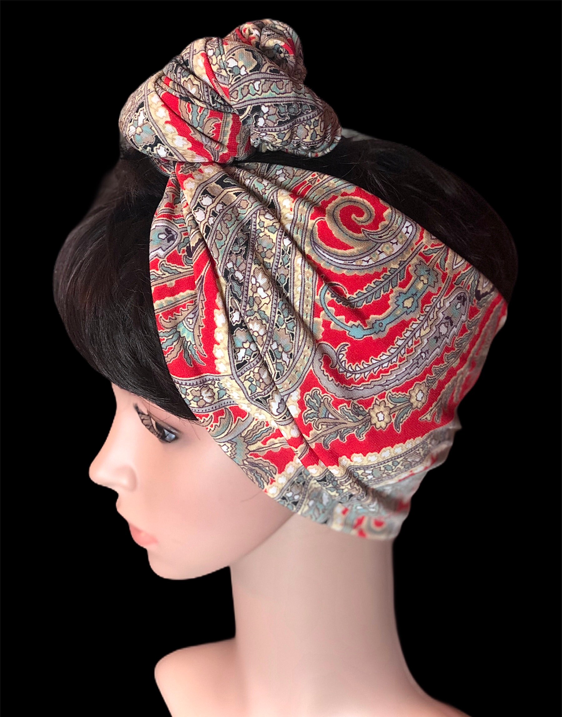 Paisley Hair Scarf Red Stretch Head Scarf Turban Hair Wrap Etsy UK