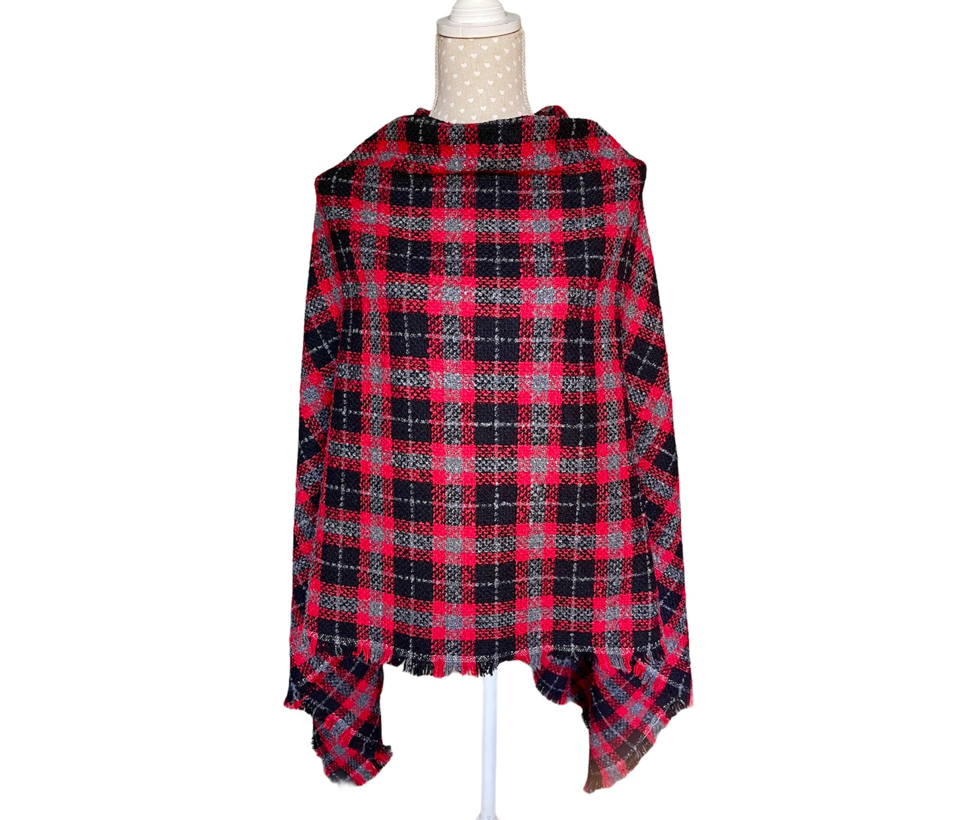 Red Tartan Poncho Plaid Tweed Fringed Edges One Size - Etsy UK